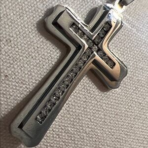 NEW 1/10 Ct Diamond Accent + 18KP White Gold & Stainless Steel Cross Necklace